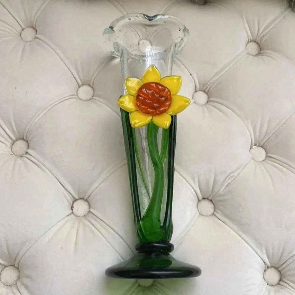 Handmade Blown Glass Flower Bud Vase Sunflower And Stems 10" Tall